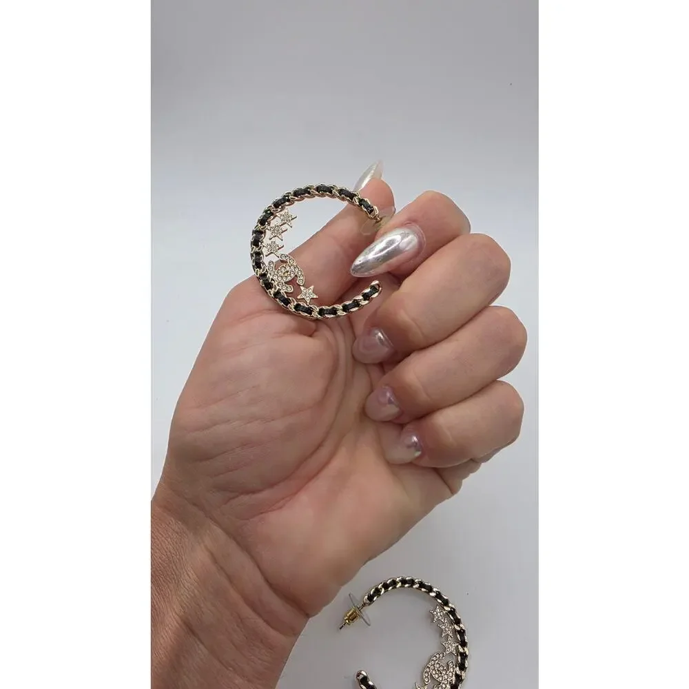 Chanel Gold-tone 2023 Strass Leather Interlocking CC Hoop Earrings